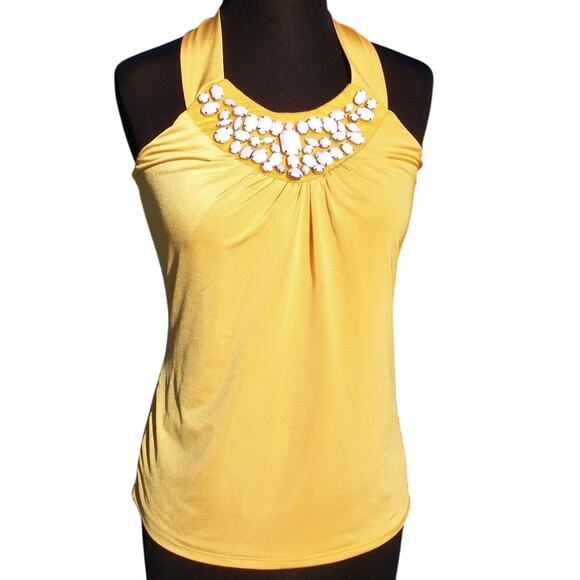 Cache Yellow Ruched Lined White Embellished Stretch Halter Top Lined $98 NWT New - Picture 4 of 5